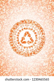 recycle icon inside abstract emblem, orange mosaic background