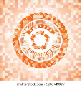 recycle icon inside abstract emblem, orange mosaic background