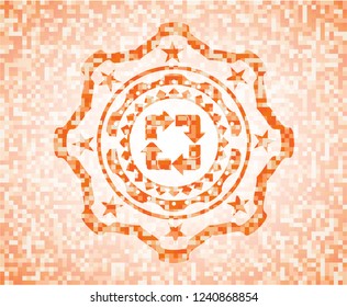 recycle icon inside abstract emblem, orange mosaic background