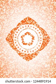 recycle icon inside abstract emblem, orange mosaic background