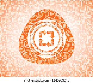recycle icon inside abstract emblem, orange mosaic background