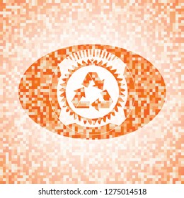 recycle icon inside abstract emblem, orange mosaic background