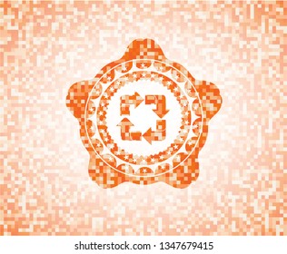 recycle icon inside abstract emblem, orange mosaic background