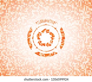 recycle icon inside abstract emblem, orange mosaic background
