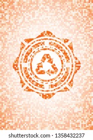 recycle icon inside abstract emblem, orange mosaic background