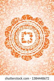 recycle icon inside abstract emblem, orange mosaic background