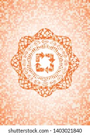recycle icon inside abstract emblem, orange mosaic background