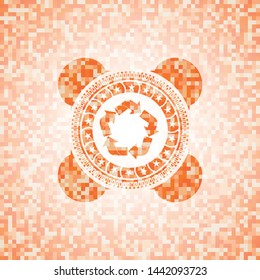 recycle icon inside abstract emblem, orange mosaic background