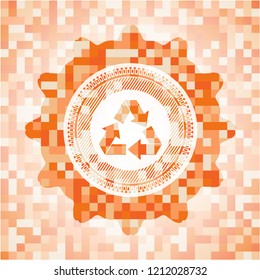 recycle icon inside abstract orange mosaic emblem