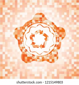 recycle icon inside abstract orange mosaic emblem with background