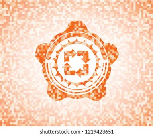 recycle icon inside abstract orange mosaic emblem with background