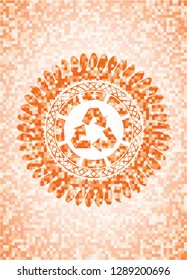 recycle icon inside abstract orange mosaic emblem