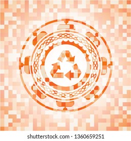 recycle icon inside abstract orange mosaic emblem with background