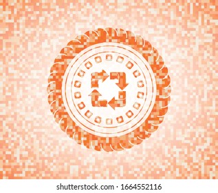 recycle icon inside abstract orange mosaic emblem with background
