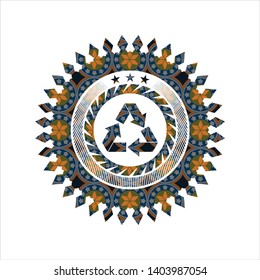 recycle icon inside arabesque badge background. arabic decoration.