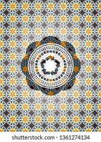 recycle icon inside arabesque emblem background. arabic decoration.