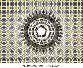 recycle icon inside arabesque emblem background. arabic decoration.