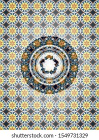 recycle icon inside arabesque emblem background. arabic decoration.