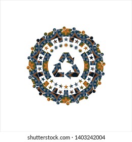 recycle icon inside arabesque style emblem. arabic decoration.