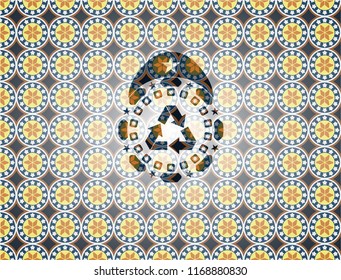 recycle icon inside arabic badge. Arabesque decoration.