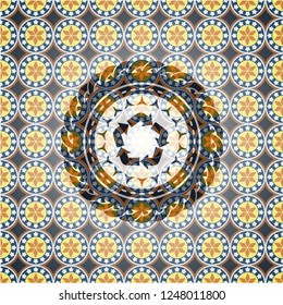 recycle icon inside arabic badge background. Arabesque decoration.