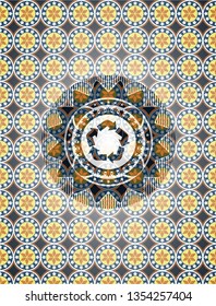  recycle icon inside arabic badge. Arabesque decoration.