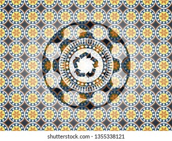 recycle icon inside arabic badge. Arabesque decoration.