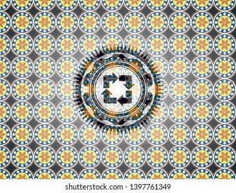 recycle icon inside arabic badge. Arabesque decoration.