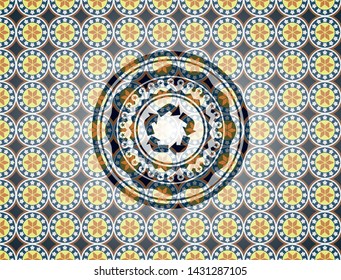 recycle icon inside arabic badge. Arabesque decoration.