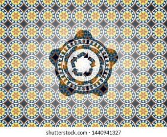 recycle icon inside arabic badge background. Arabesque decoration.