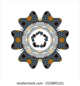 recycle icon inside arabic badge background. Arabesque decoration.
