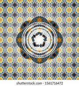 recycle icon inside arabic badge background. Arabesque decoration.