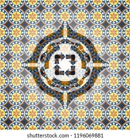 recycle icon inside arabic emblem background. Arabesque decoration.