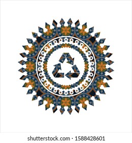 recycle icon inside arabic emblem background. Arabesque decoration.