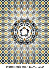 recycle icon inside arabic emblem background. Arabesque decoration.