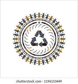 recycle icon inside arabic style emblem. Arabesque decoration.