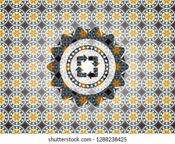 recycle icon inside arabic style emblem. Arabesque decoration.