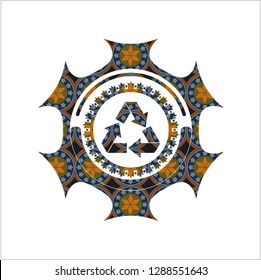 recycle icon inside arabic style badge. Arabesque decoration.