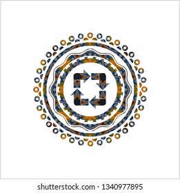 recycle icon inside arabic style emblem. Arabesque decoration.