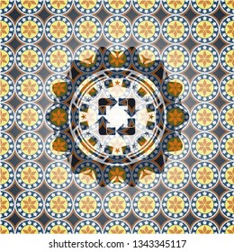 recycle icon inside arabic style badge. Arabesque decoration.