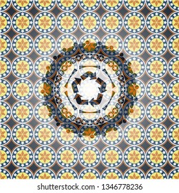 recycle icon inside arabic style badge. Arabesque decoration.
