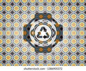 recycle icon inside arabic style badge. Arabesque decoration.