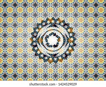 recycle icon inside arabic style badge. Arabesque decoration.