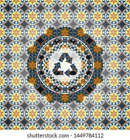 recycle icon inside arabic style emblem. Arabesque decoration.