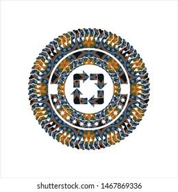 recycle icon inside arabic style badge. Arabesque decoration.