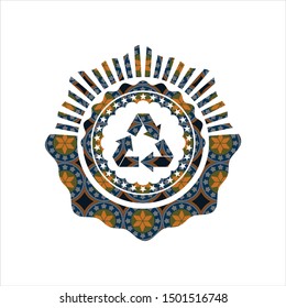 recycle icon inside arabic style emblem. Arabesque decoration.