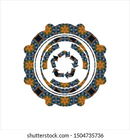 recycle icon inside arabic style emblem. Arabesque decoration.