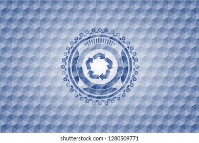 recycle icon inside blue badge with geometric pattern background.