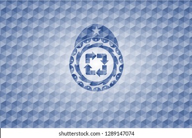 recycle icon inside blue badge with geometric pattern.