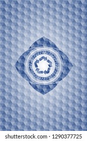 recycle icon inside blue badge with geometric pattern.